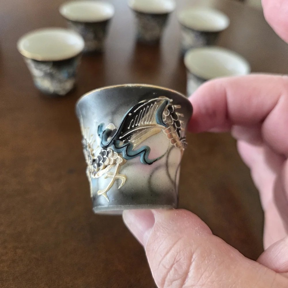 Japanese Moriage Dragonware Sake Cups With Lithopane Geisha Girl Image At Bottom